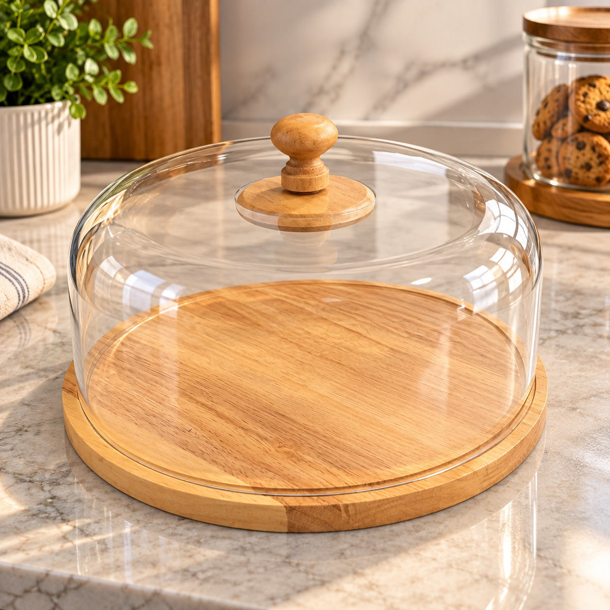 Round Cake & Cheese Serving Board with Clear Acrylic Dome and Rubber Wood Base 26 cm