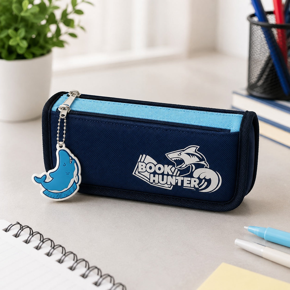 Book Hunter School Pencil Case Large Capacity Stationery Organizer with Shark Charm
