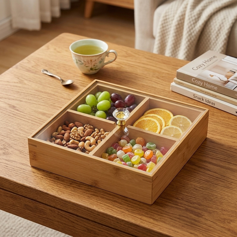 Bamboo 4 Compartment Candy Storage Box