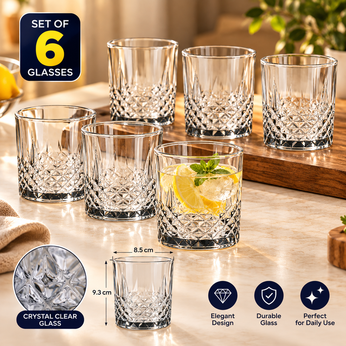 Diamond Cut Crystal Clear Drinking Glass Cups Set of 6