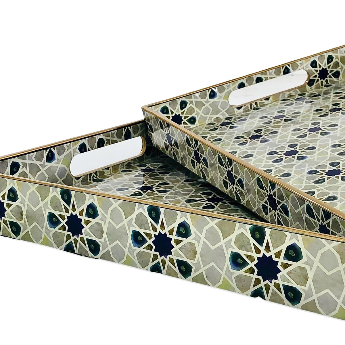 Arabesque Decorative Rectangular Serving Tray Set 2 Pieces Teal Gold Coffee Dessert Hosting - Image 6