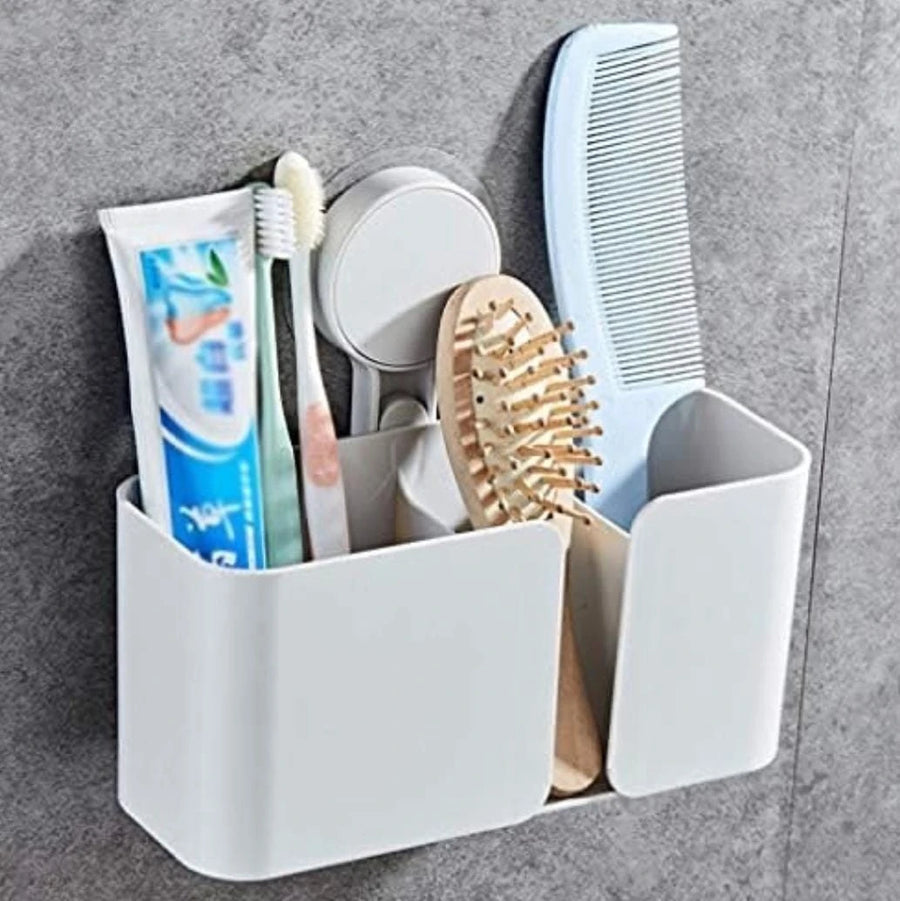 Self Adhesive 3 Compartment Wall Mounted Bathroom Organizer with Hooks and Drainage Holes