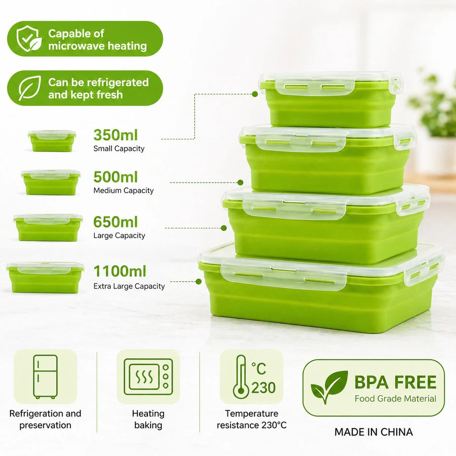 Collapsible Silicone Food Storage Containers Set 4 Pieces BPA Free Microwave Safe Foldable Lunch Boxes