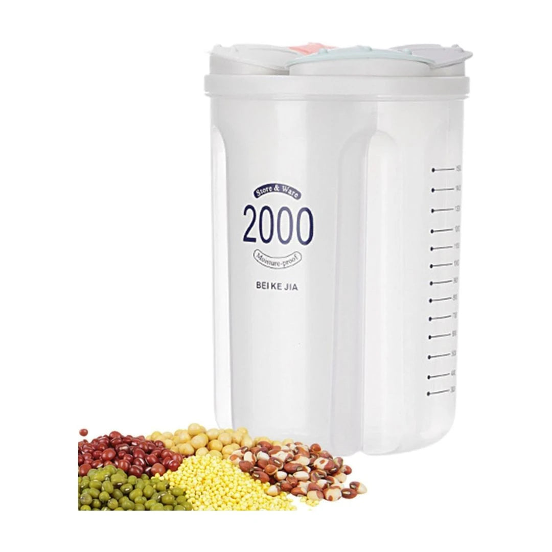 2000ml Multi-Compartment Airtight Food Storage Container with Petal-Shaped Pouring Lid for Rice Grains and Dry Food