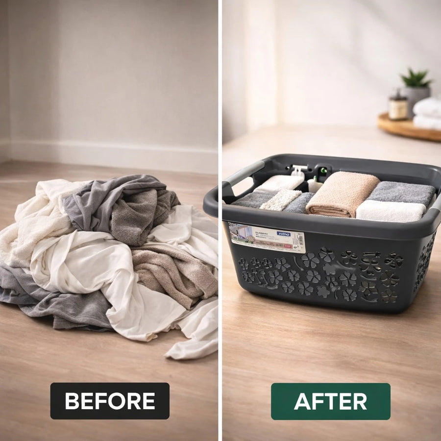 Rotho Laundry Basket Plastic Storage Basket Organizer Clothes Hamper Flowers Design Swiss Made 25L