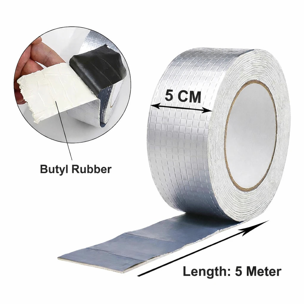 Butyl Waterproof Tape Aluminum Foil Heavy Duty Leak Repair Sealant Strong Adhesive Roof Pipe Gutter Water Tank Crack Sealing Tape 5 CM 5 Meter