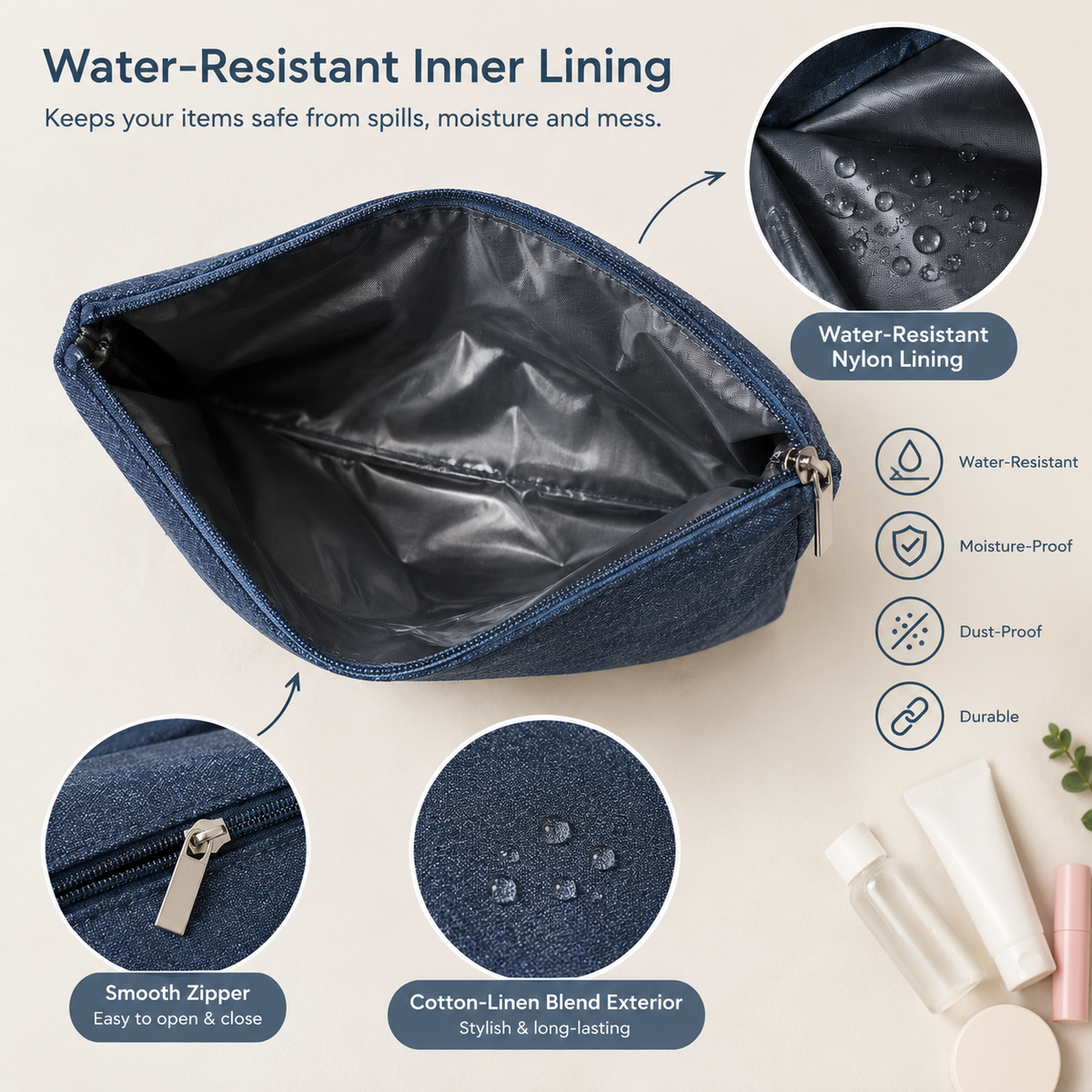 Water Resistant Cotton Linen Toiletry Pouch with Zipper