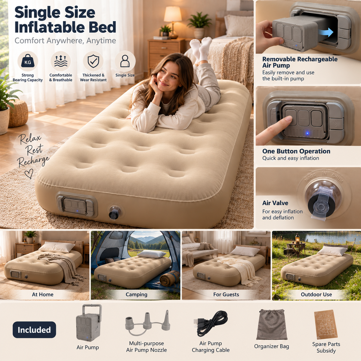 Inflatable Air Bed with Rechargeable Pump