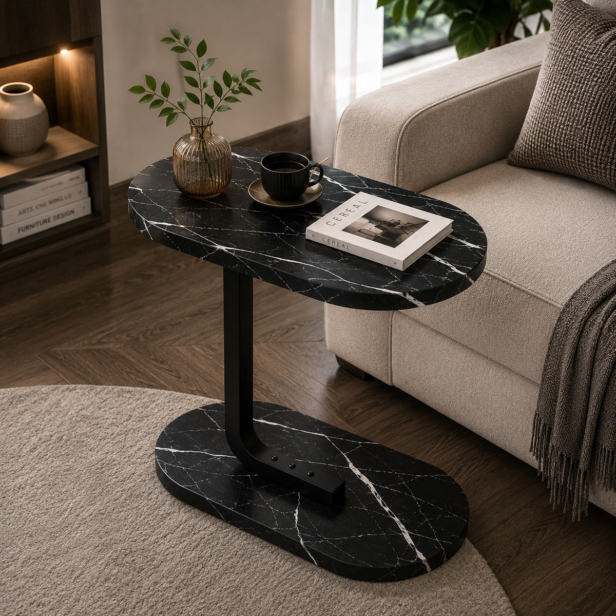 C Shaped Side Table Black Marble Sofa Bedside Table Modern Coffee Laptop Snack Table