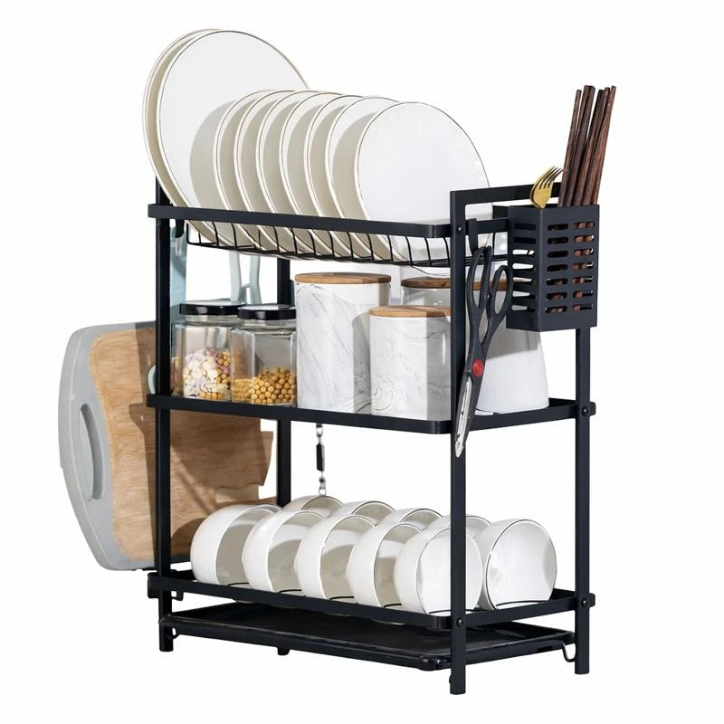 3-Level Countertop Dish Organizer Rack with Drain Tray & Utensil Basket – Black