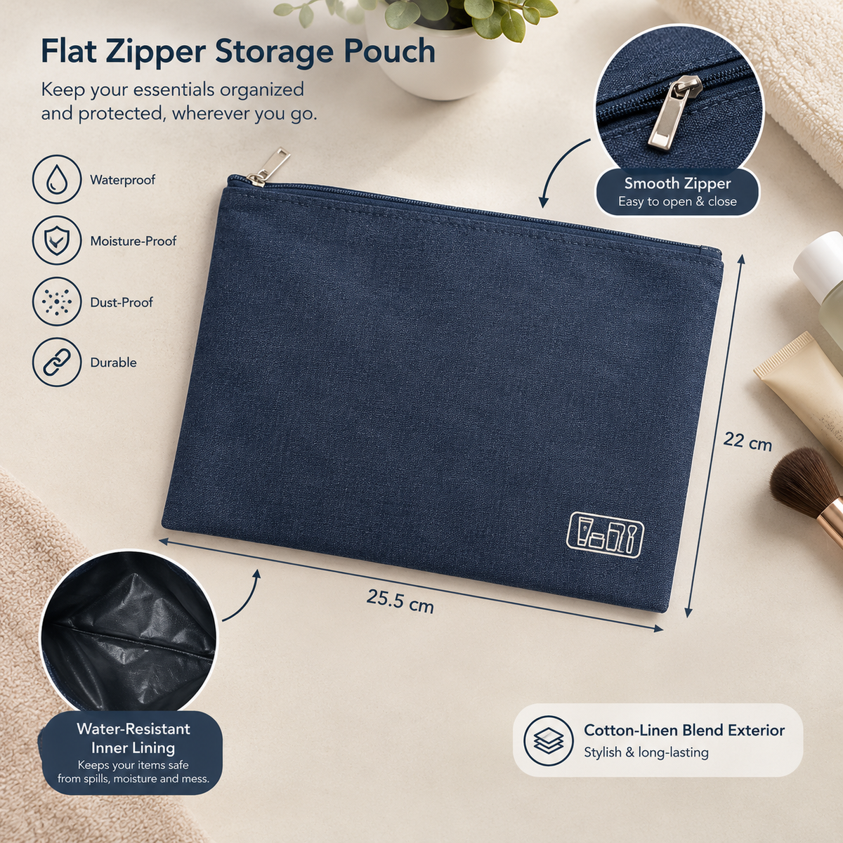 Water Resistant Cotton Linen Toiletry Pouch with Zipper