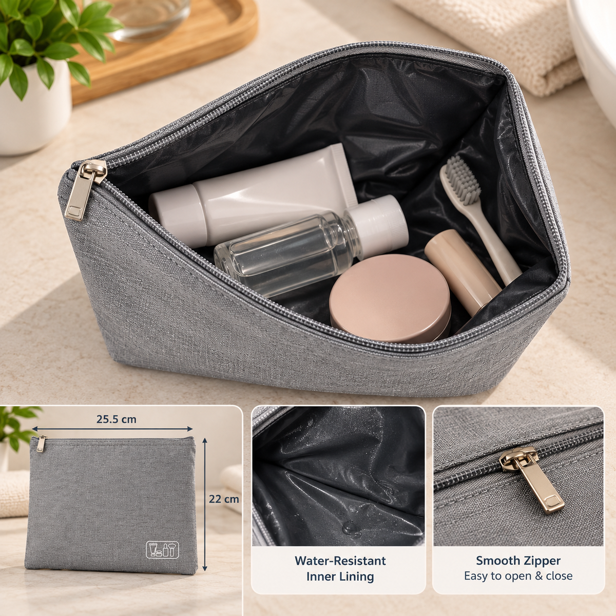 Water Resistant Cotton Linen Toiletry Pouch with Zipper