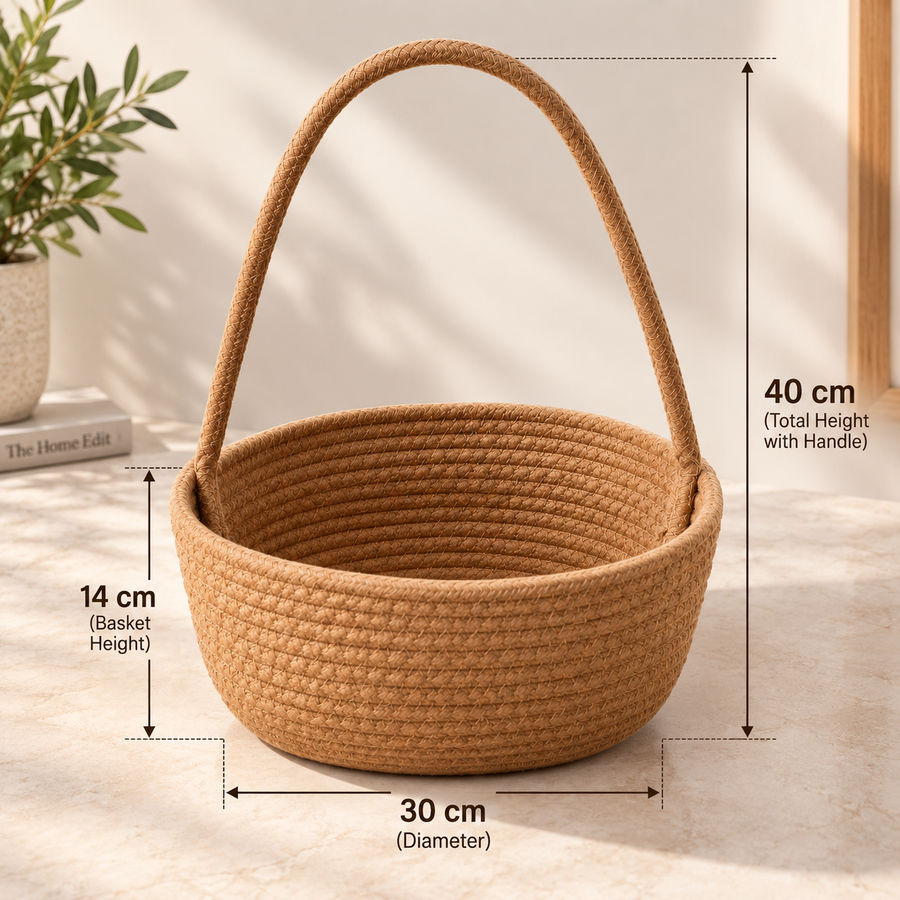 Woven Rope Basket with Long Handle for Home Storage & Organization