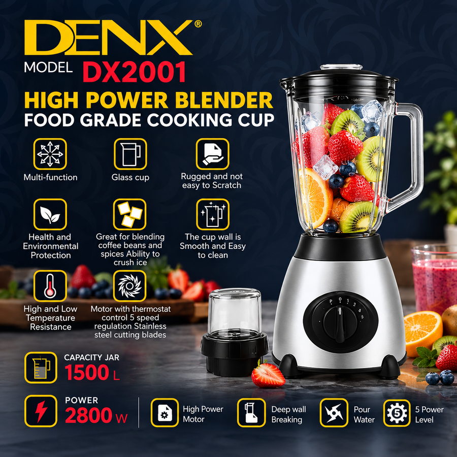 DENX 2800W 1.5L Glass Blender with Grinder Cup