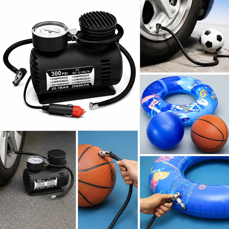 Portable 300 PSI DC 12V Air Compressor Tire Inflator Pump with Pressure Gauge