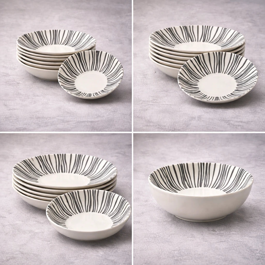 Dinnerware Set 30 Pieces Black White Radial Stripe Porcelain Soup Plates Salad Bowls Ramadan Tableware