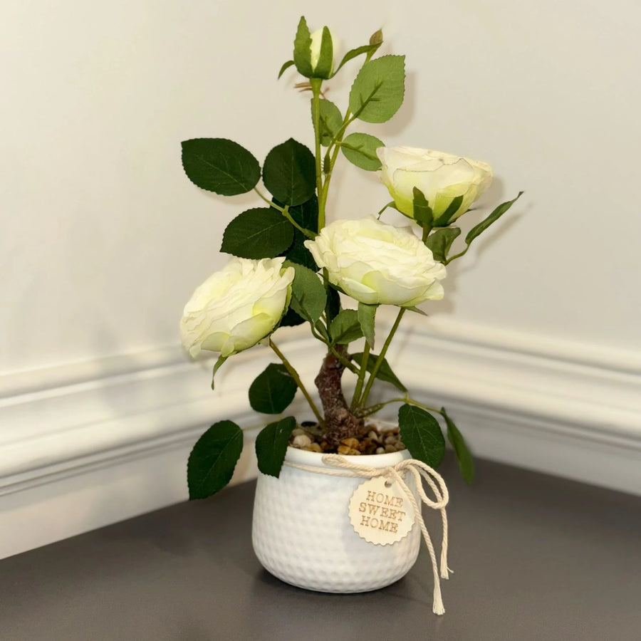 Artificial White Rose Plant in Decorative Pot-33cm
