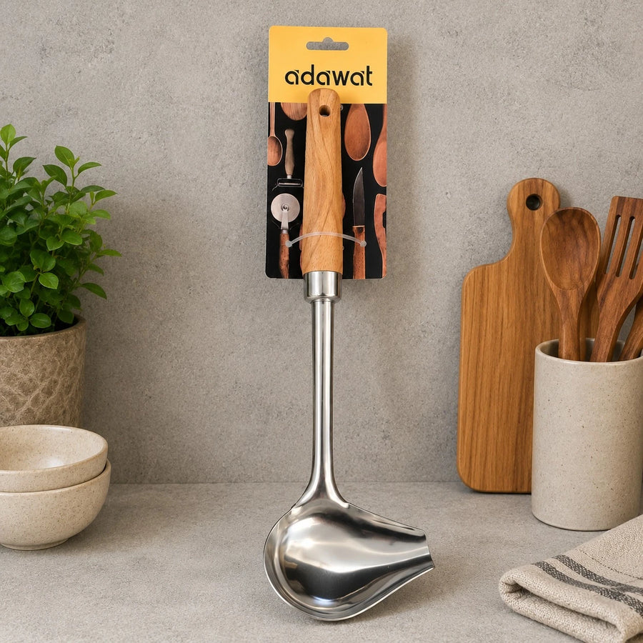 Adawat Stainless Steel Soup Ladle Wooden Handle Deep Scoop Serving Spoon Kitchen Utensil 29cm