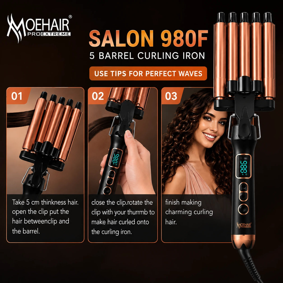 5 Barrel Travel Hair Waver Curling Iron Ceramic Hair Curler with LCD Display & Adjustable Temperature