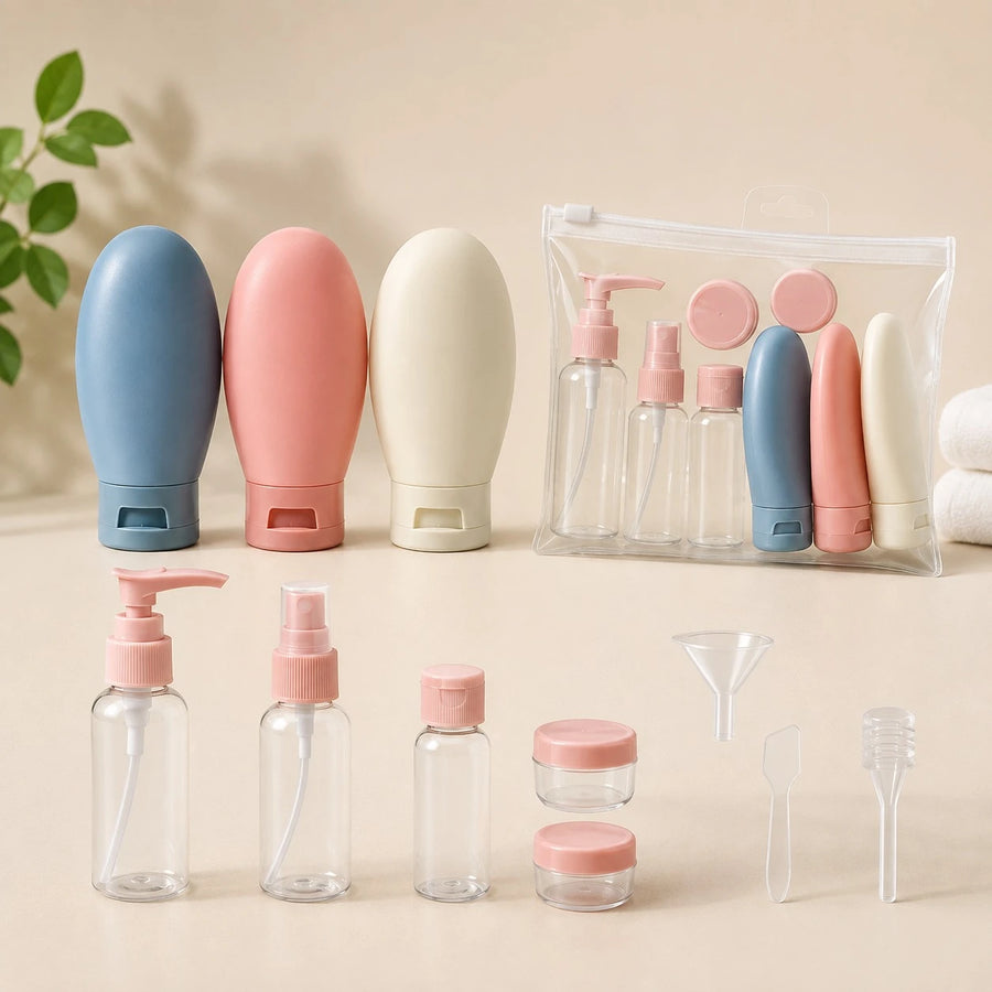 Travel Toiletry Bottle Set with Silicone Squeeze Bottles Cosmetic Jars Spray Pump Bottles Funnel and Waterproof Bag