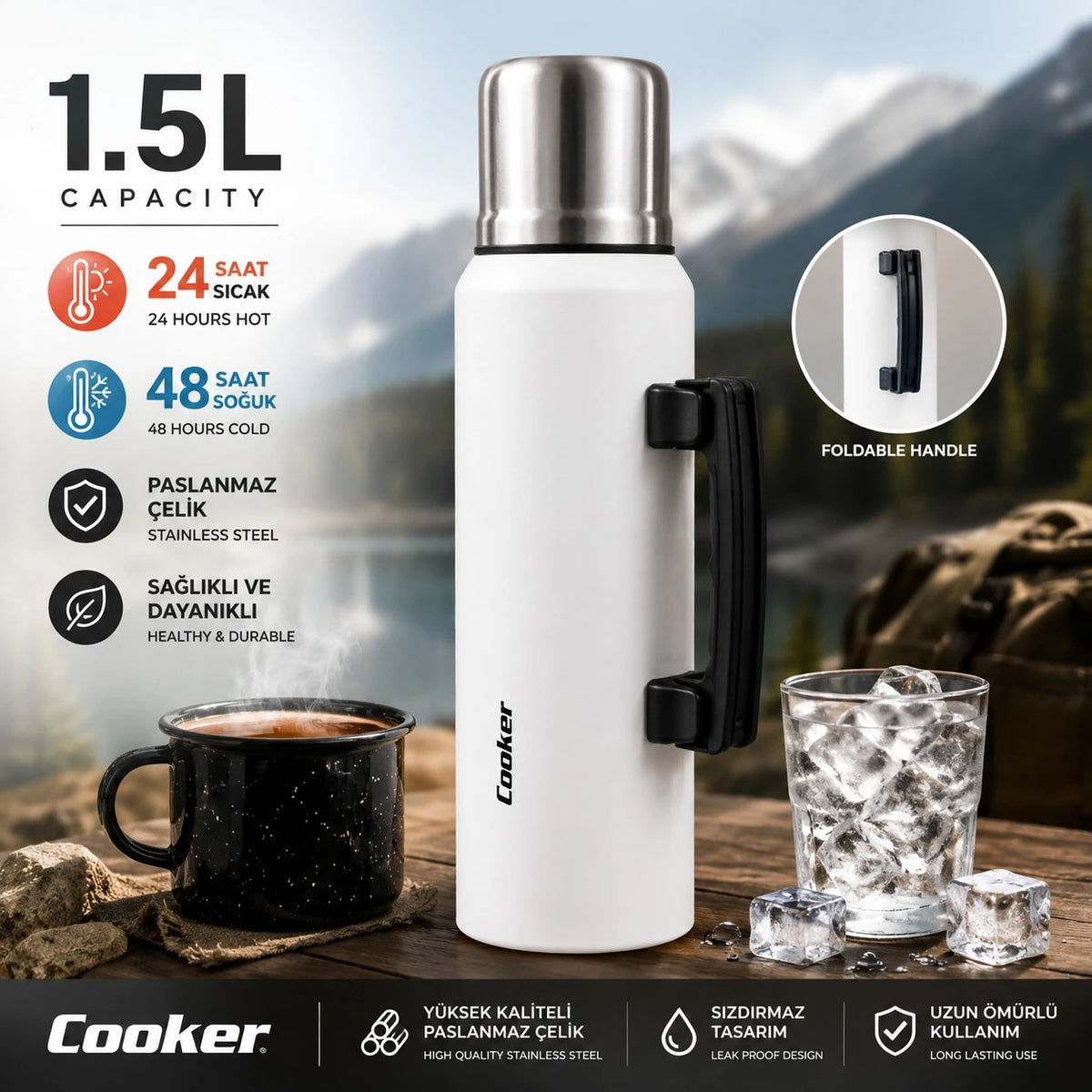 Cooker Thermos Bottle Stainless Steel Vacuum Flask Foldable Handle Hot And Cold Insulated Travel Camping Bottle 1.5 Liter