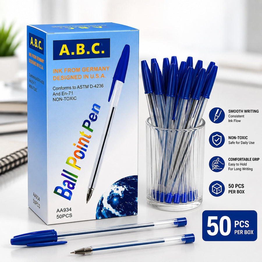 Blue Ball Point Pens Box of 50 Smooth Writing Non Toxic Pens for Office School Study and Everyday Writing