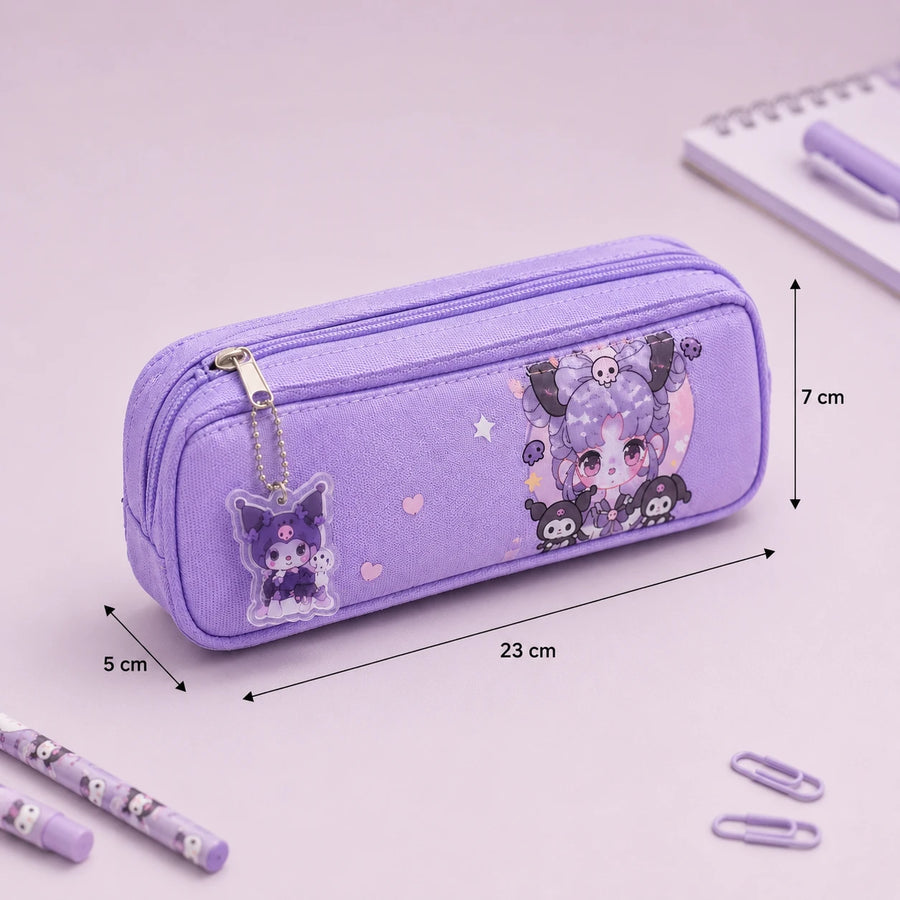 Purple Cute Cartoon School Pencil Case with Character Charm