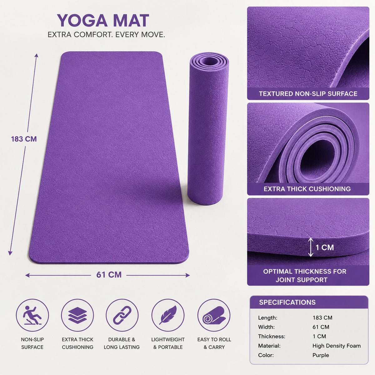 Yoga Mat Non Slip Fitness Exercise Pilates Workout Training Mat Pink Gym Sports