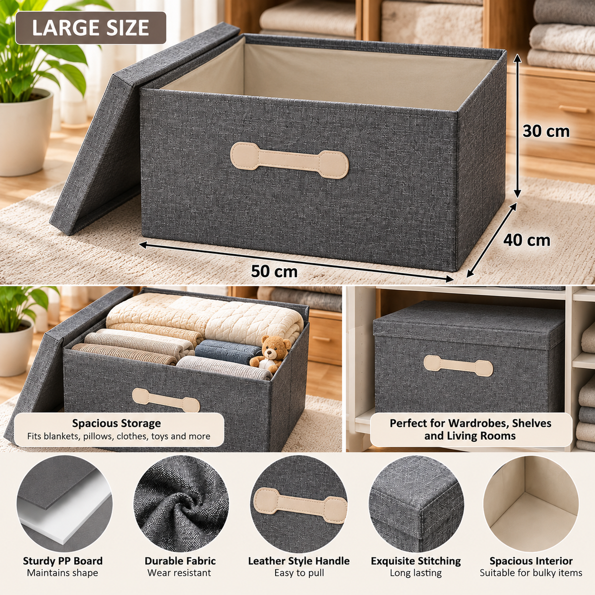 Large Foldable Fabric Storage Box with Lid