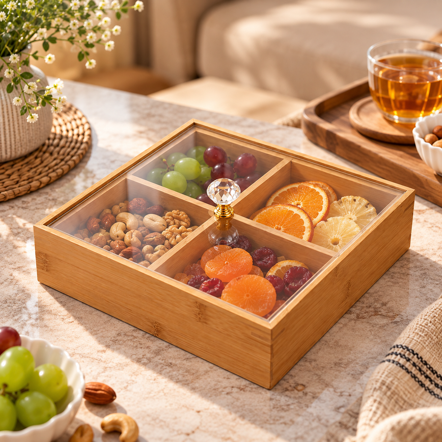 Bamboo 4 Compartment Candy Storage Box
