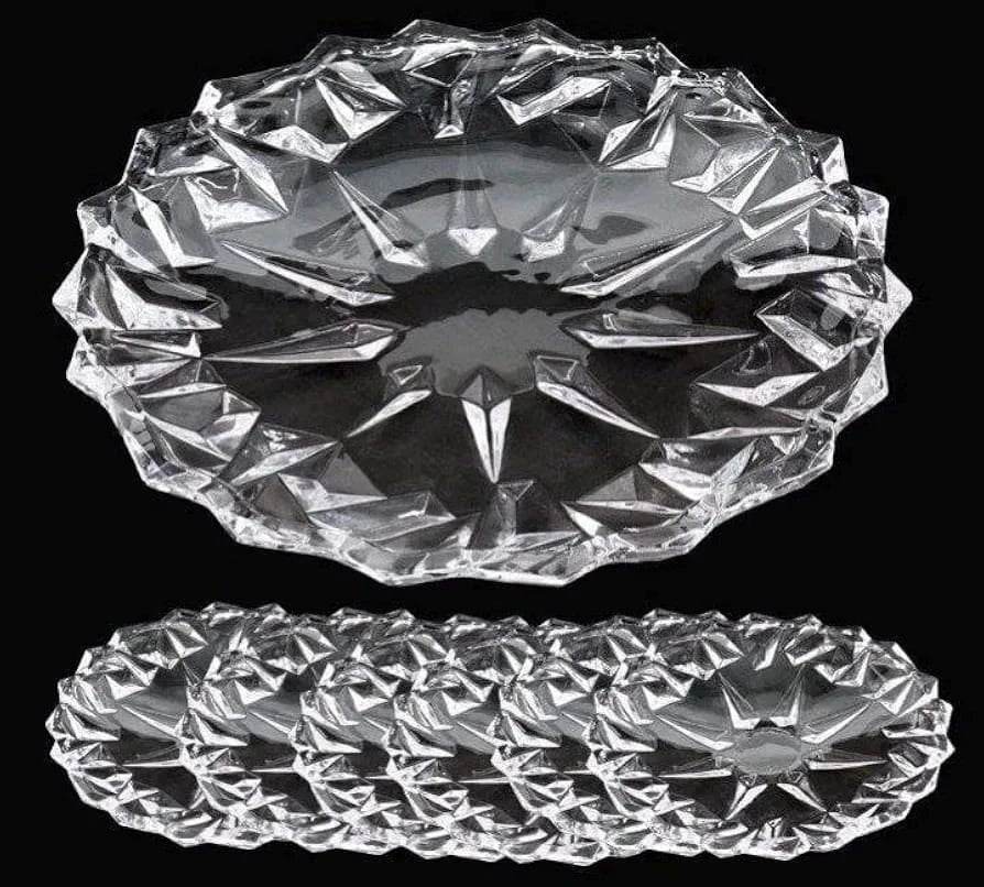 Crystal Serving Plate Set with Large Serving Tray and 6 Dessert Plates Clear Faceted Round Serving Plates for Fruits Snacks Pastries and Parties