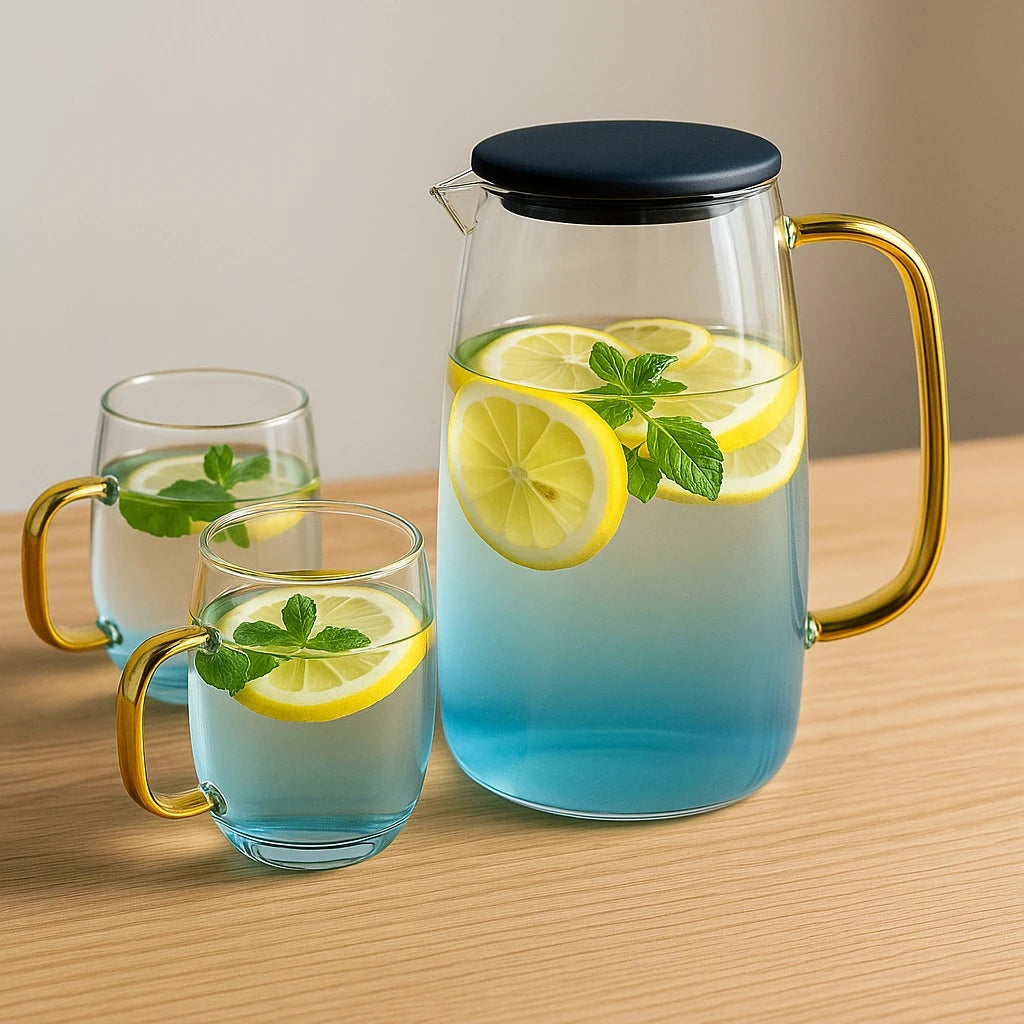 Glass Pitcher Set with Gold Handle