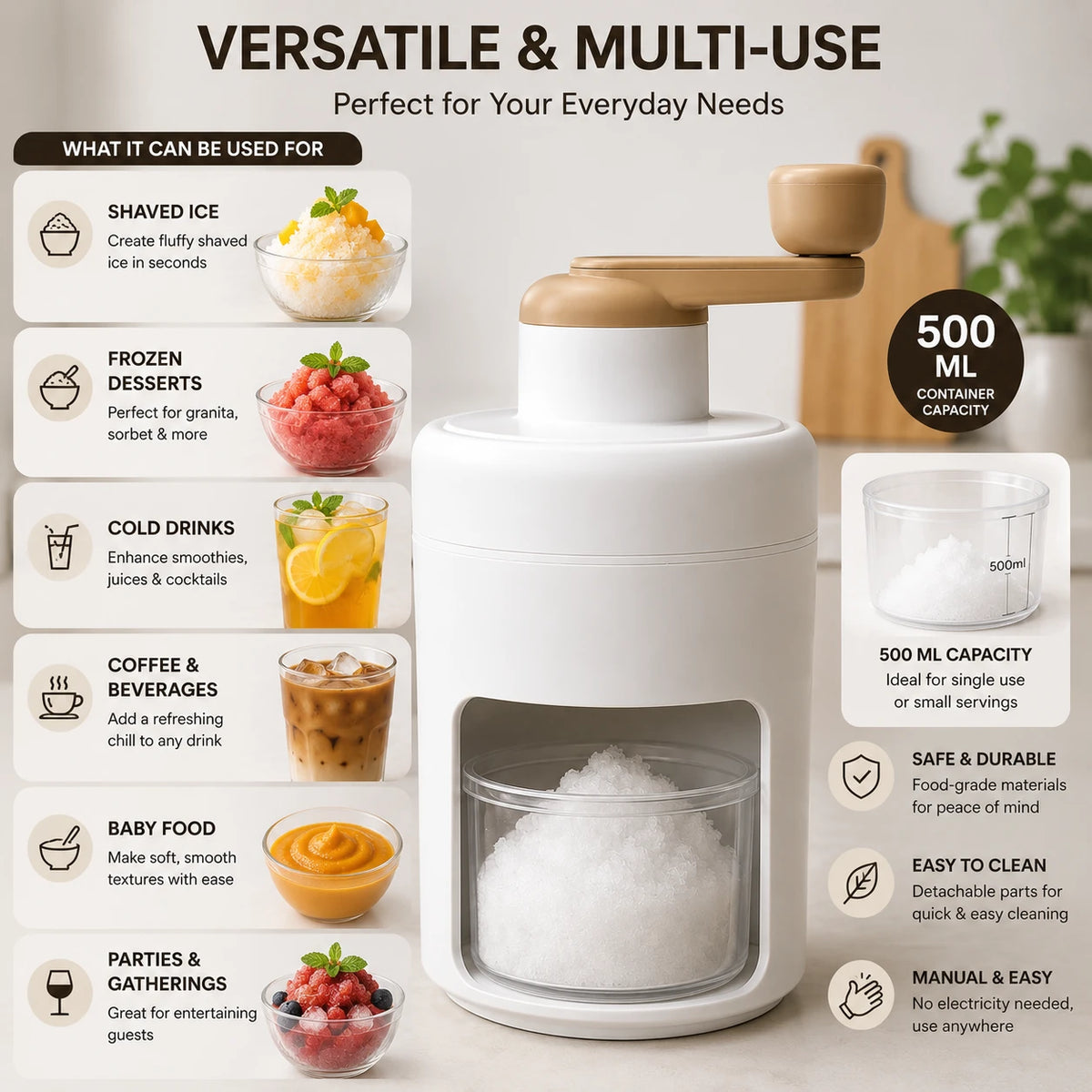 Ice Shaver Manual Ice Crusher Hand Crank Ice Shaving Machine Snow Cone Maker Portable Ice Grinder Kitchen Dessert Tool
