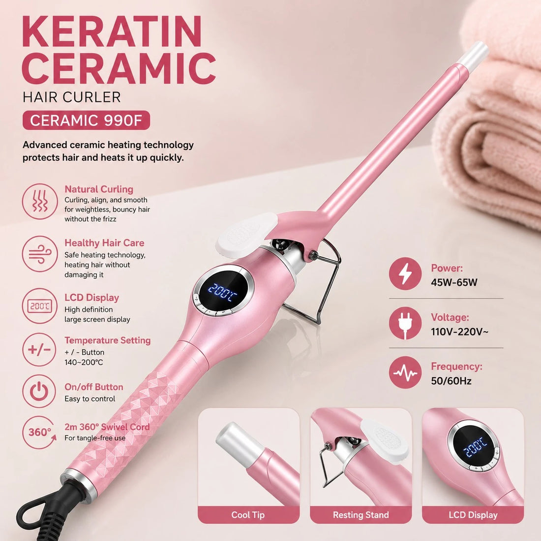 MoeHair 9mm Slim Ceramic Hair Curler Wand LCD Display Tourmaline Ceramic Curling Iron Hair Styling Wand 45W–65W