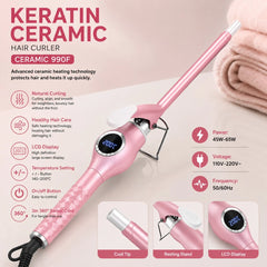 MoeHair 9mm Slim Ceramic Hair Curler Wand LCD Display Tourmaline Ceramic Curling Iron Hair Styling Wand 45W–65W