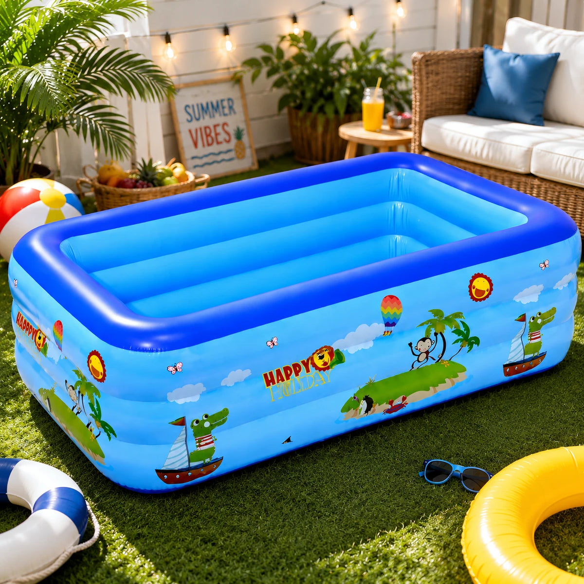 Kids Inflatable Family Swimming Pool 3-Layer PVC Rectangular Pool 3.05M