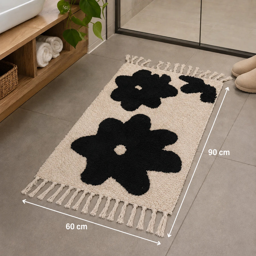 Boho Shaggy Tassel Rug with Black Geometric Pattern Soft Decorative Area Rug