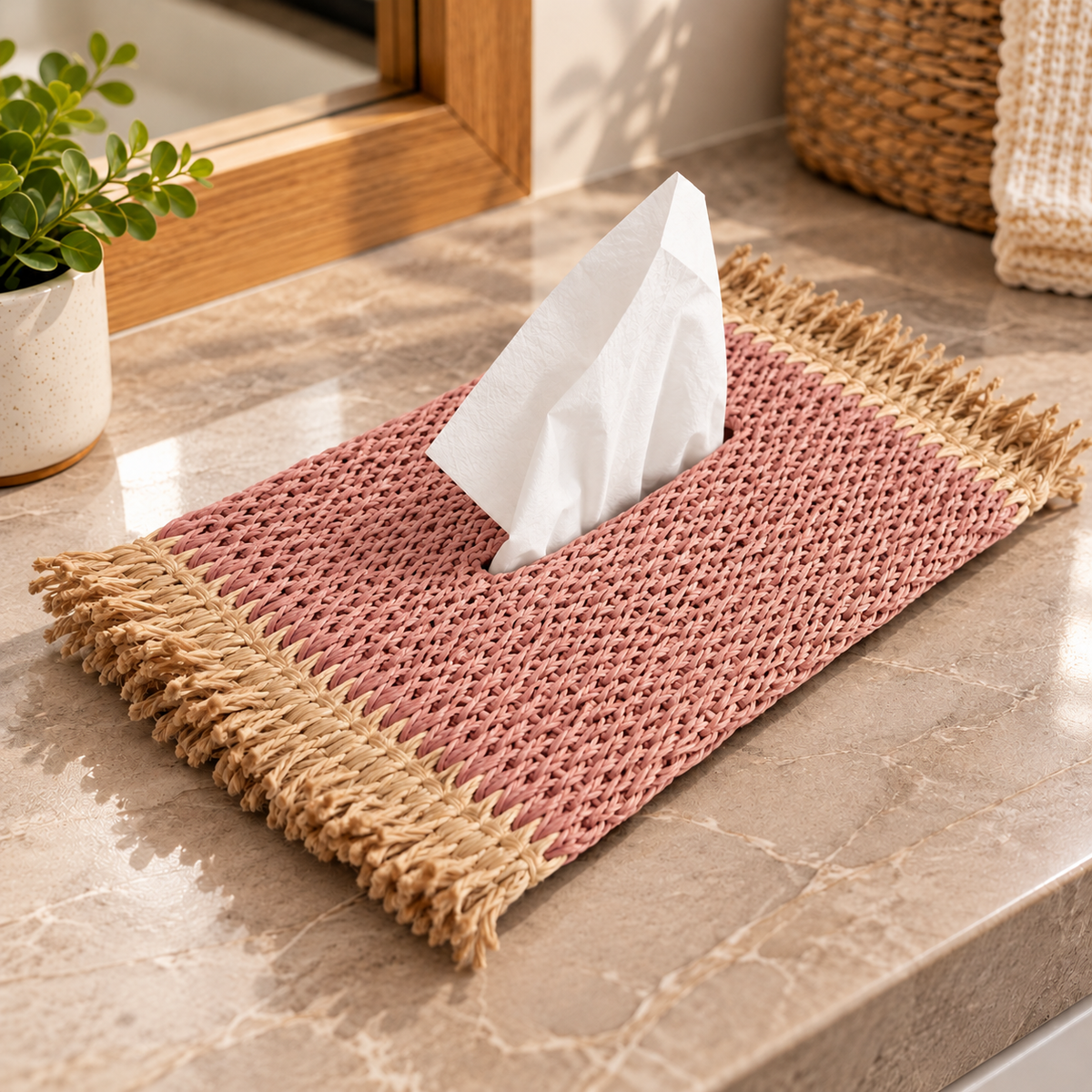 Woven Fringed Tissue Box Cover