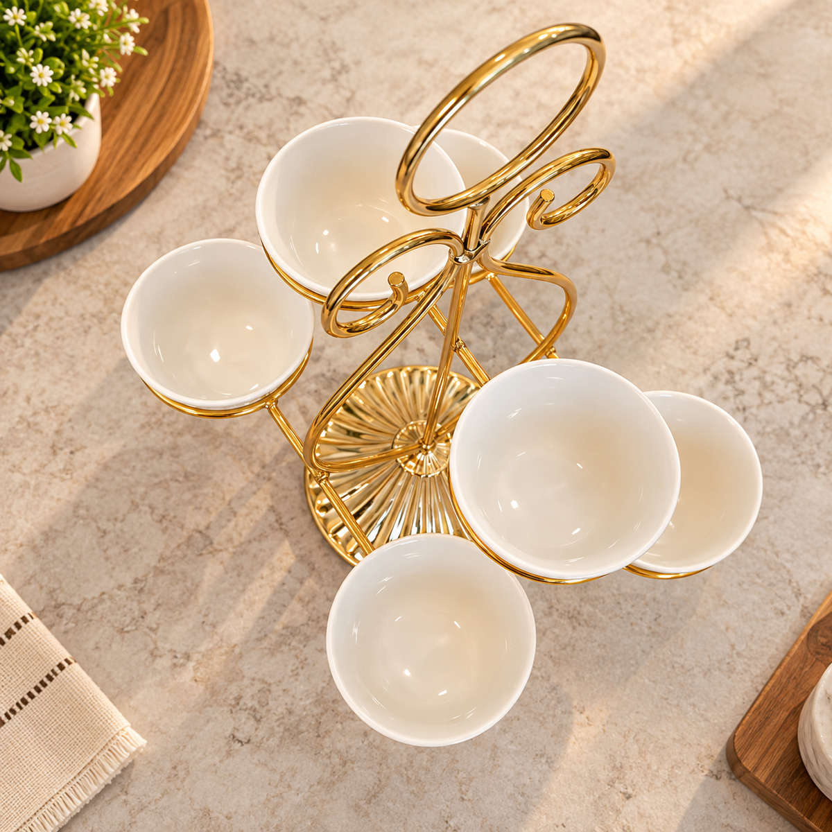 Elegant Gold Coffee Cup Serving Stand with 6 Removable Cups