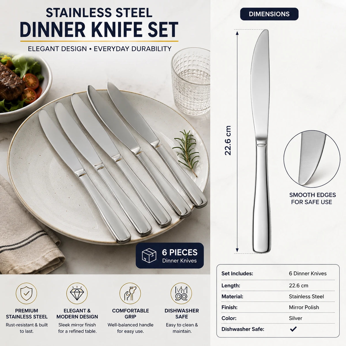 Stainless Steel Dinner Knife Set of 6 Mirror Table Knives - Image 2