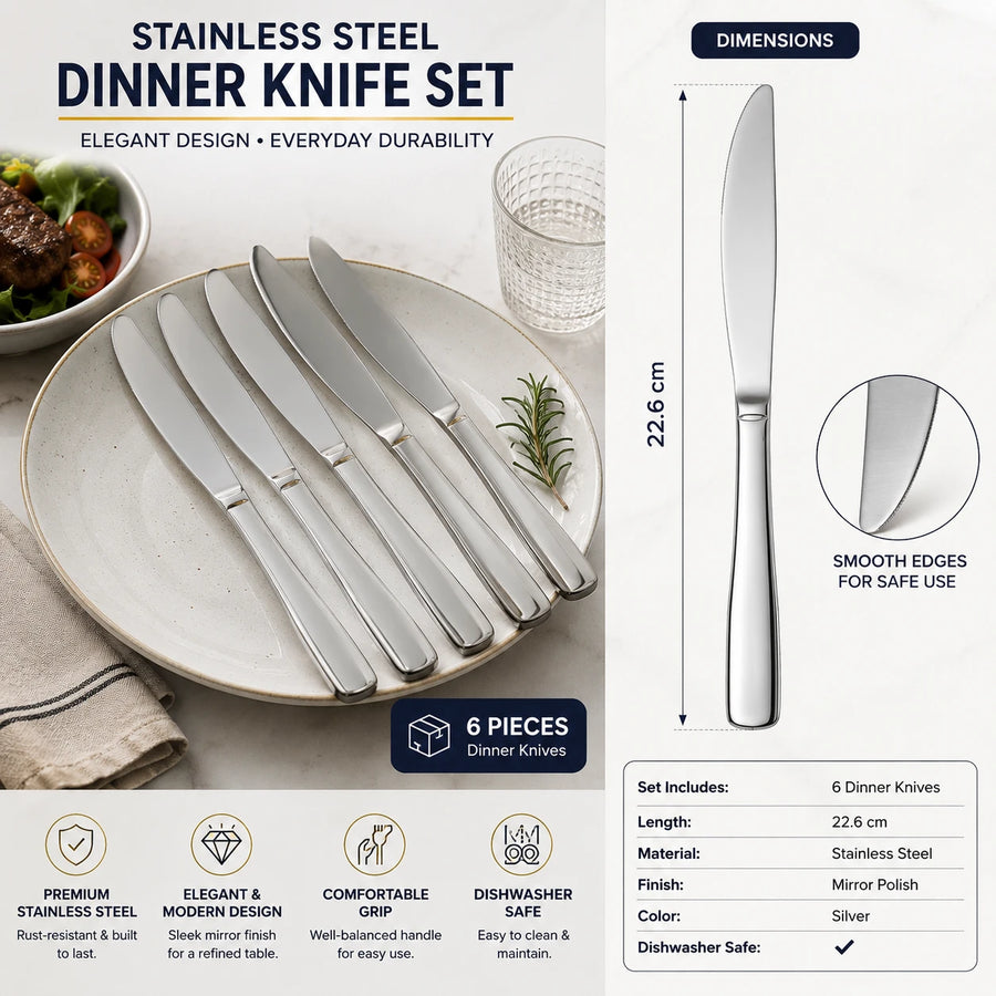 Stainless Steel Dinner Knife Set of 6 Mirror Table Knives