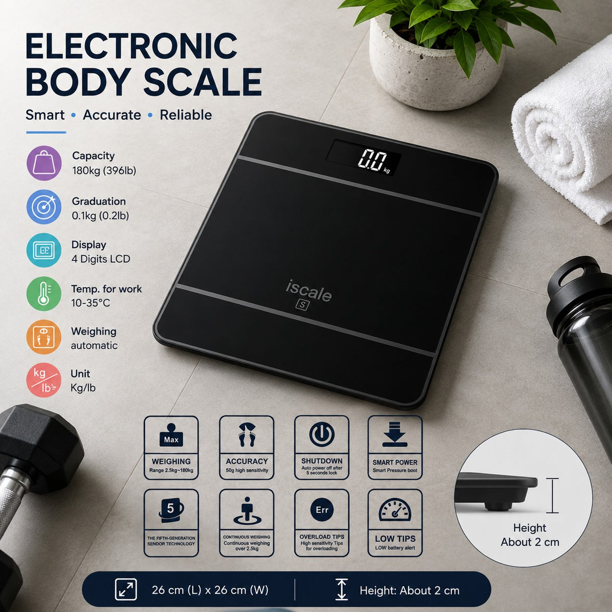 Electronic Digital Body Weight Scale 180 kg High Precision LCD Display with Automatic Step On Activation – Black