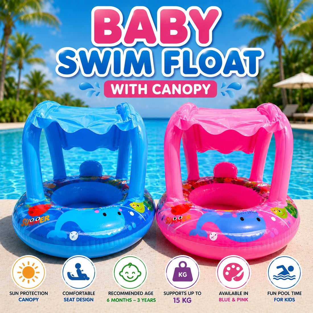 Baby Swim Float With Canopy Inflatable Baby Pool Float Sun Shade Baby Swim Ring