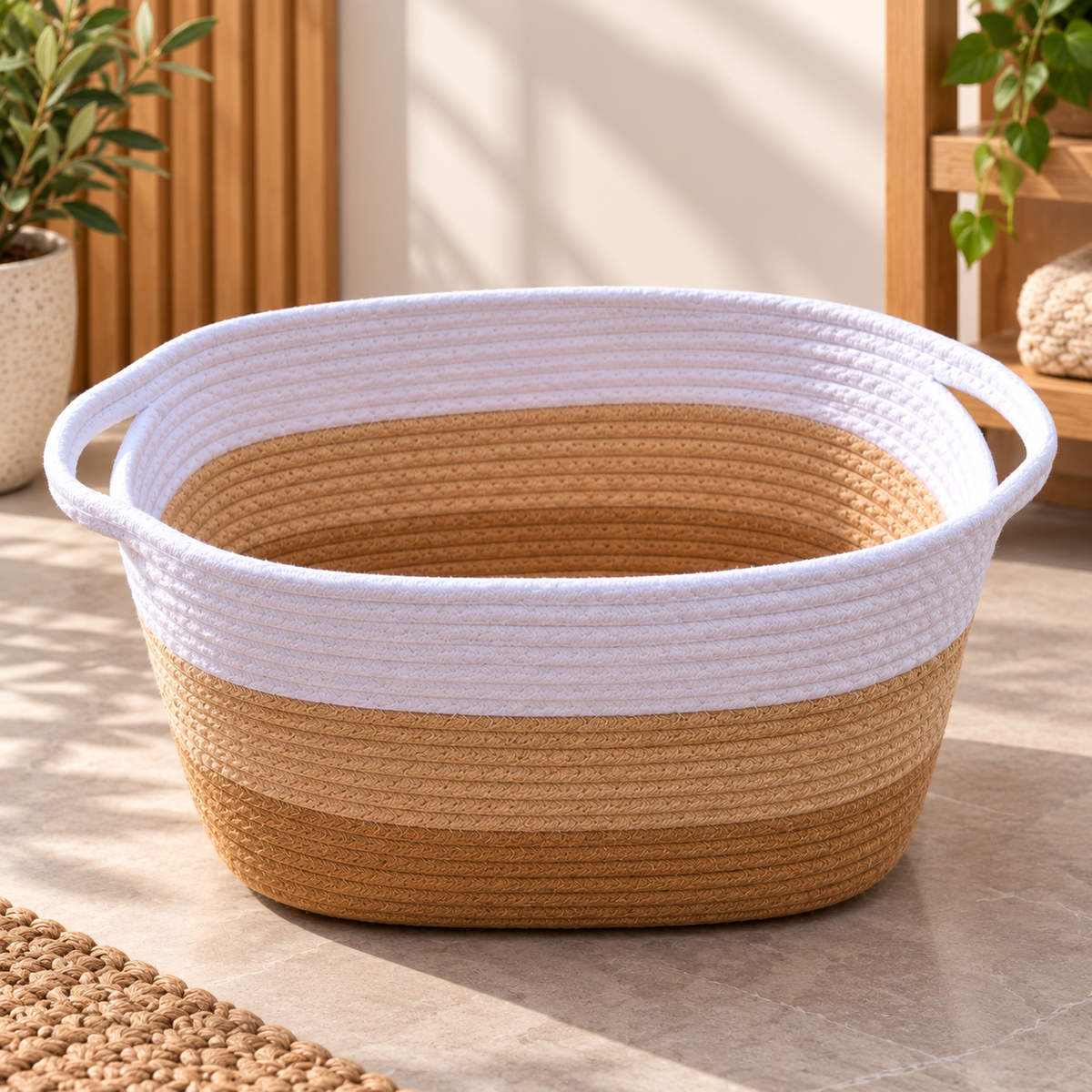 Two Tone Woven Storage Basket with Handles 42 cm