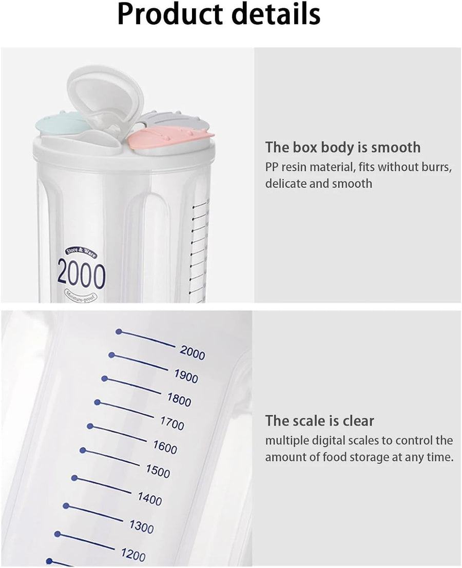 2000ml Multi-Compartment Airtight Food Storage Container with Petal-Shaped Pouring Lid for Rice Grains and Dry Food