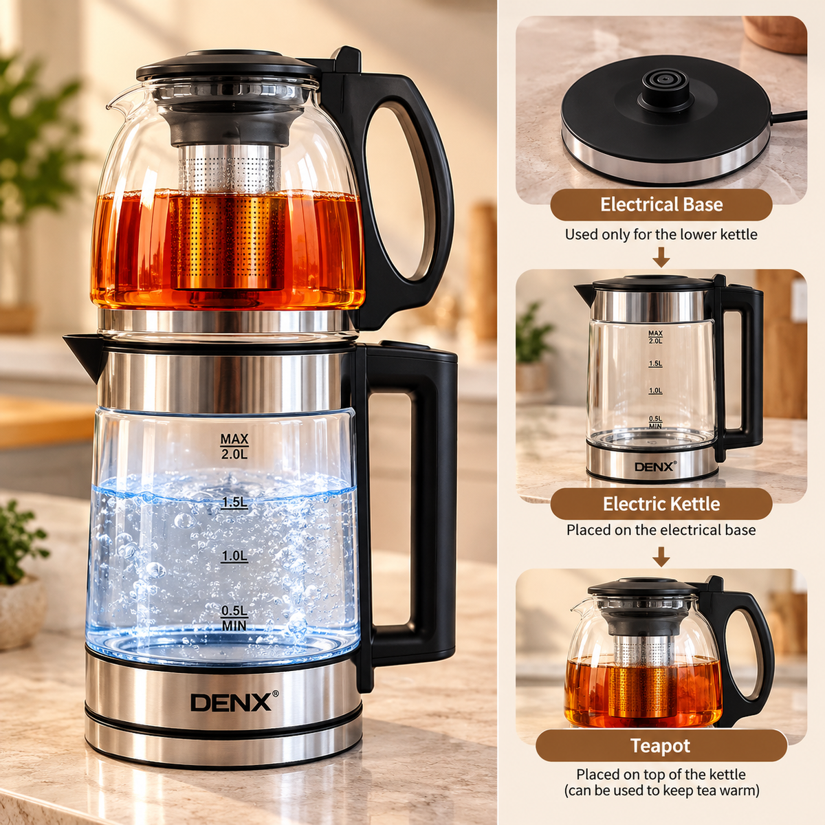 DENX 2 in 1 Electric Kettle and Teapot Set