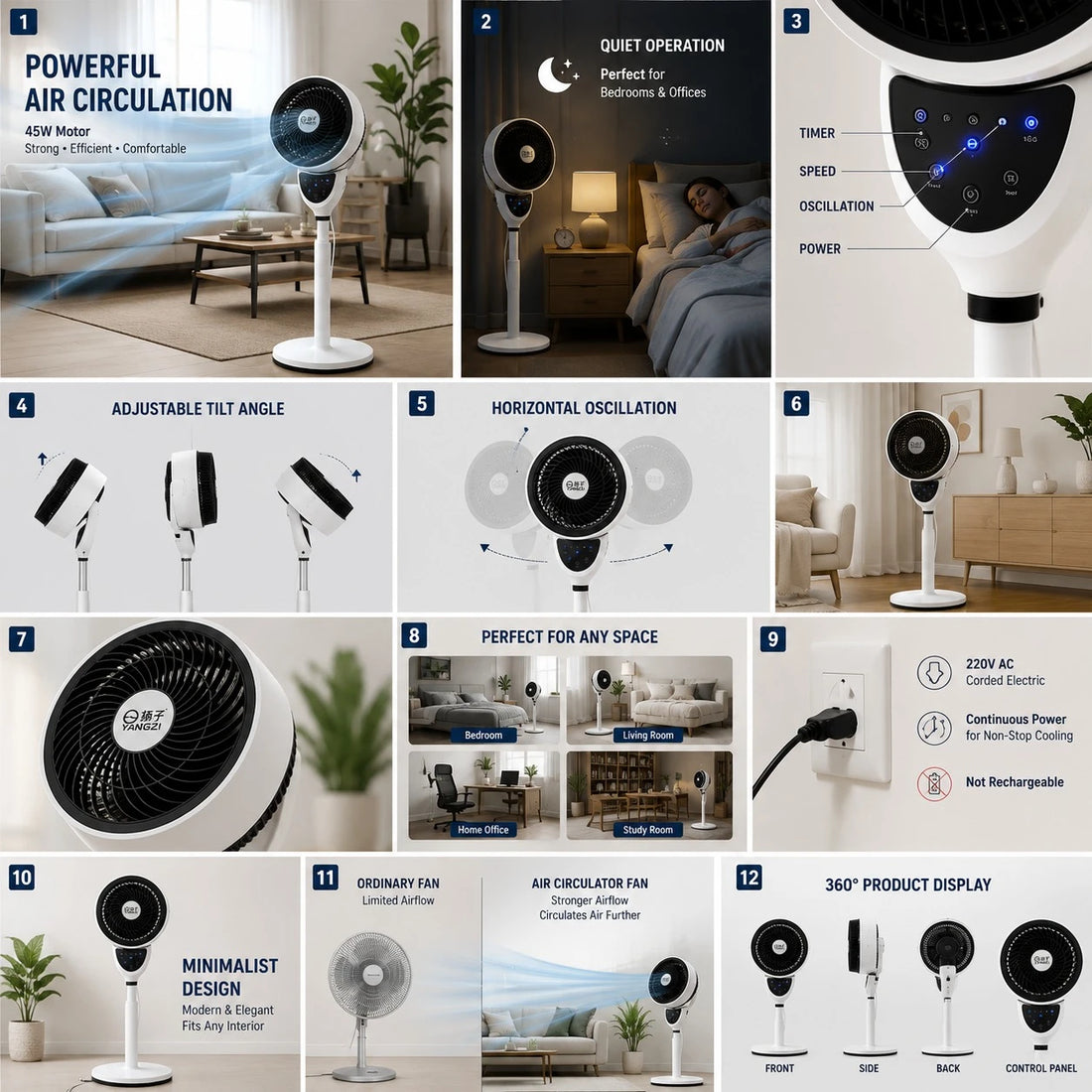 Standing Air Circulator Fan 45W Adjustable Floor Fan Indoor Cooling Fan