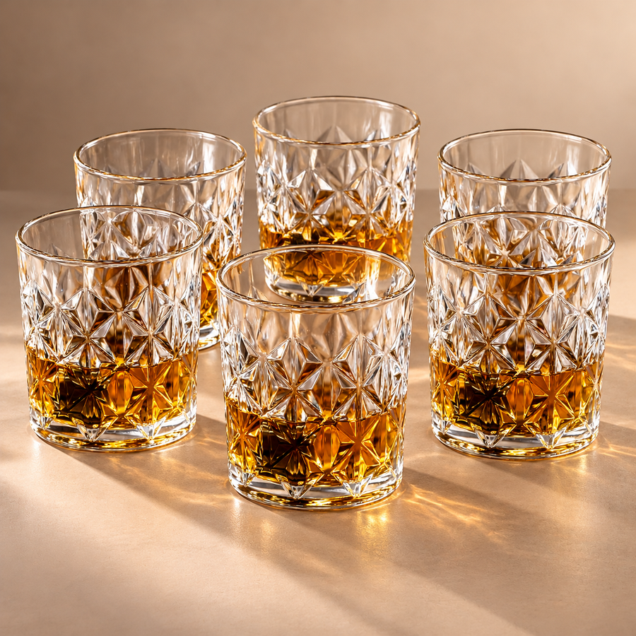 Diamond Cut Textured Drinking Glass Cups Set of 6