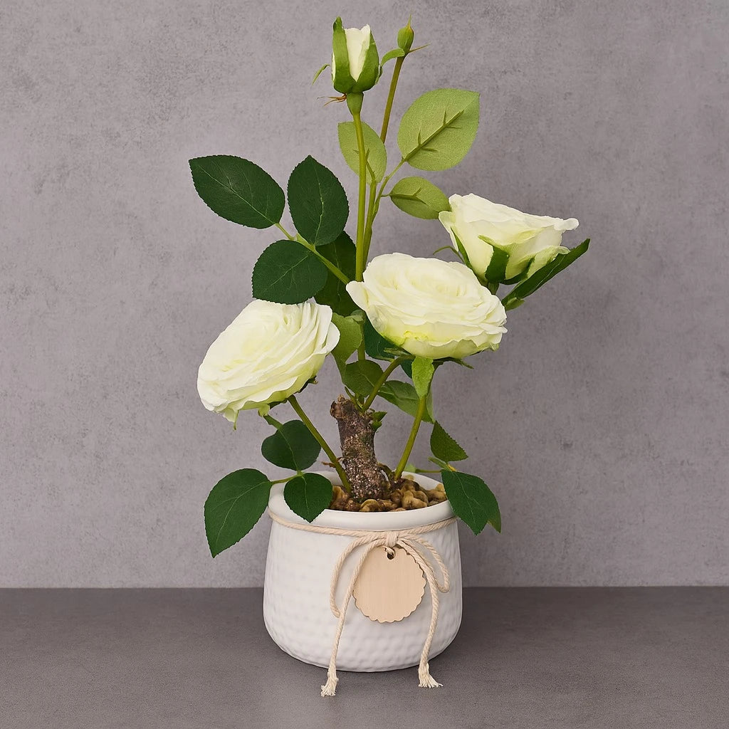 Artificial White Rose Plant in Decorative Pot-33cm