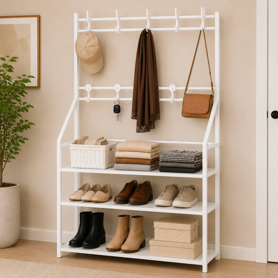 Shoes Organizer 3 Shelves Clothes Hanger Storage Rack Entryway Hall Tree Shoe Shelf Metal Clothes Rack